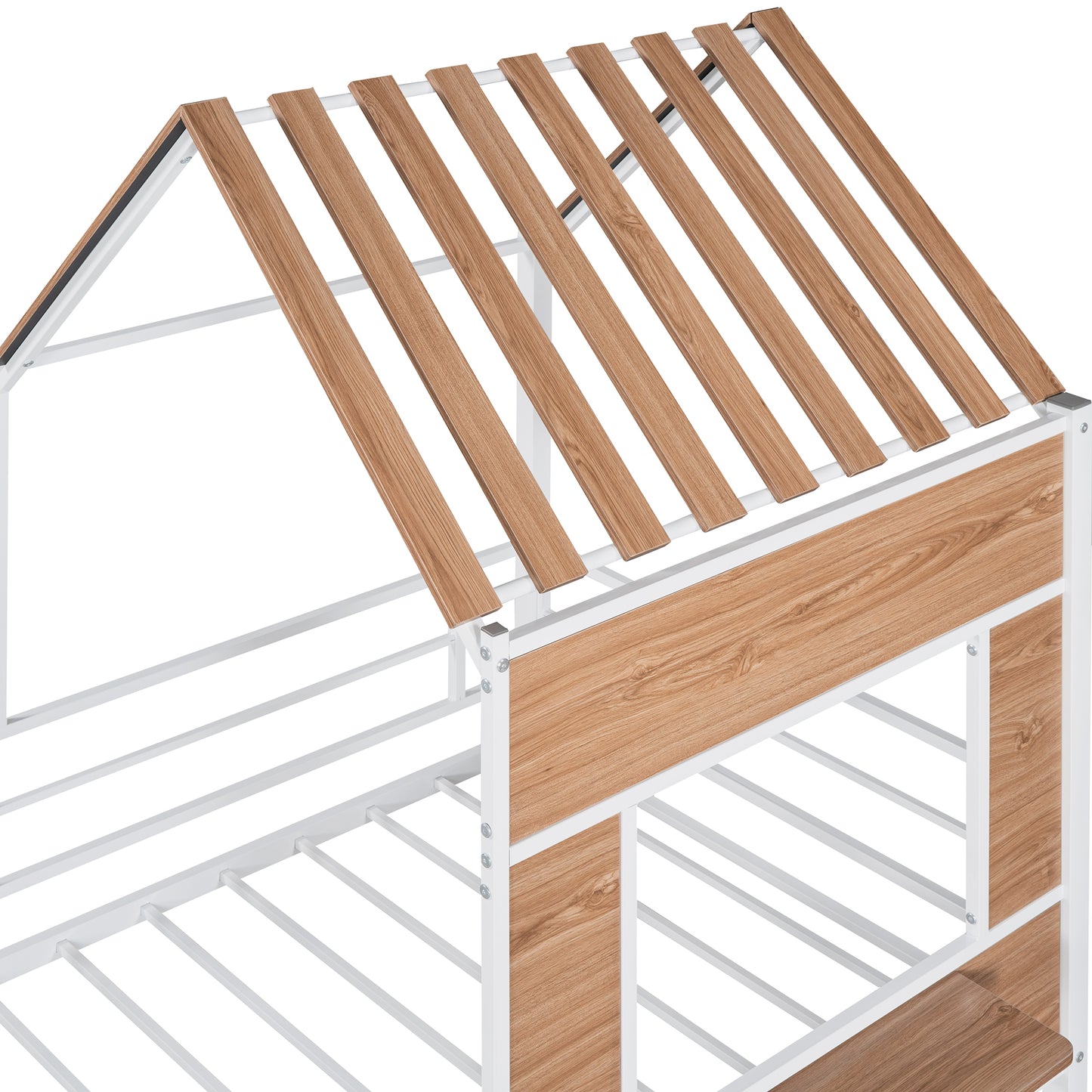 White metal house bed frame with wood grain accents