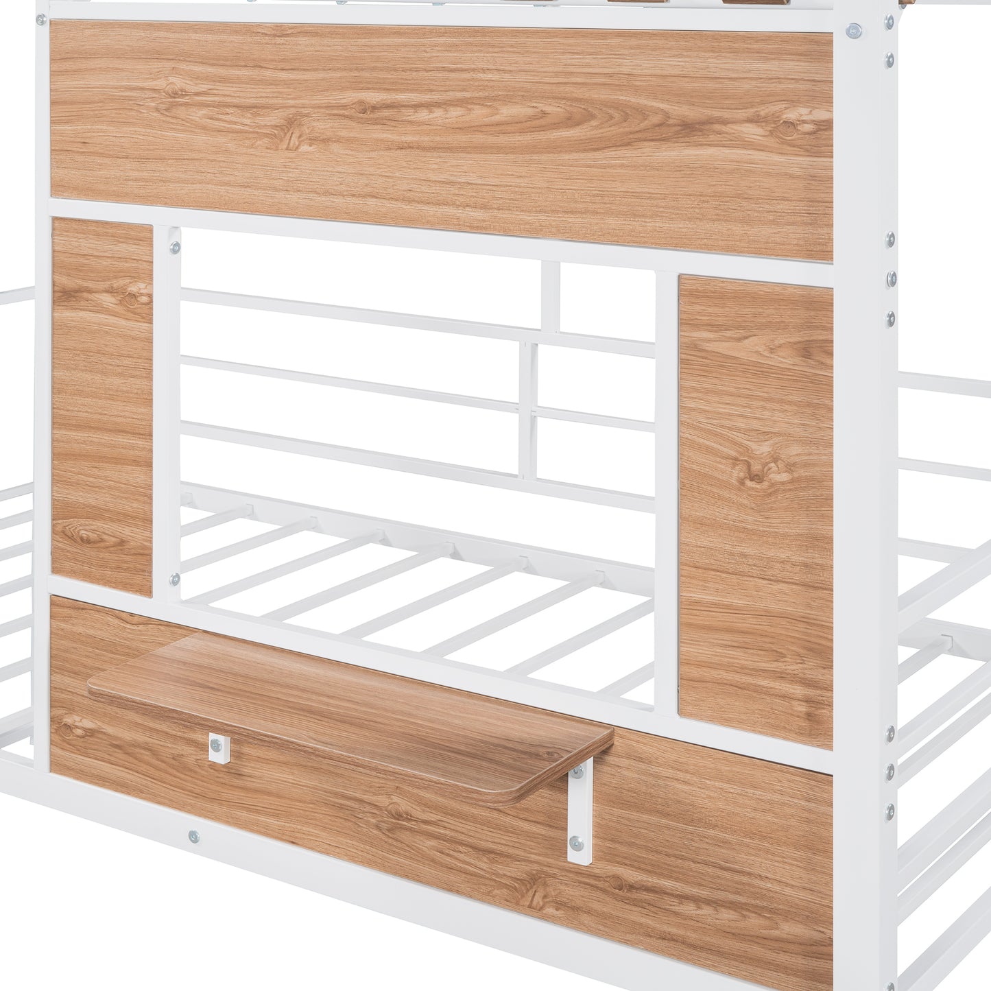 White metal bunk bed frame with woodgrain accents