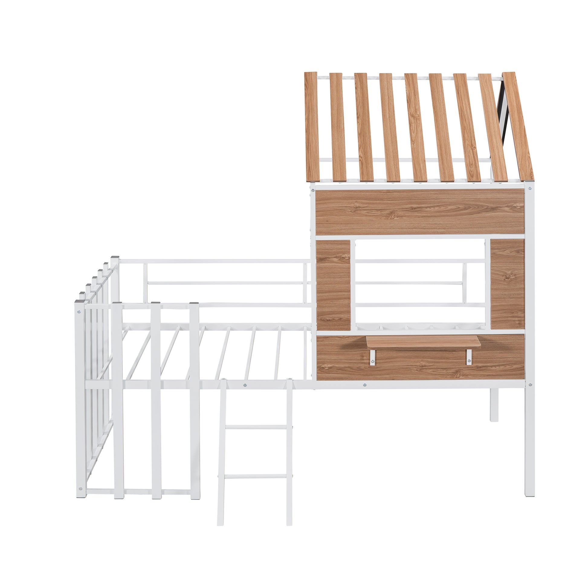 White metal loft bed with wood accents and ladder