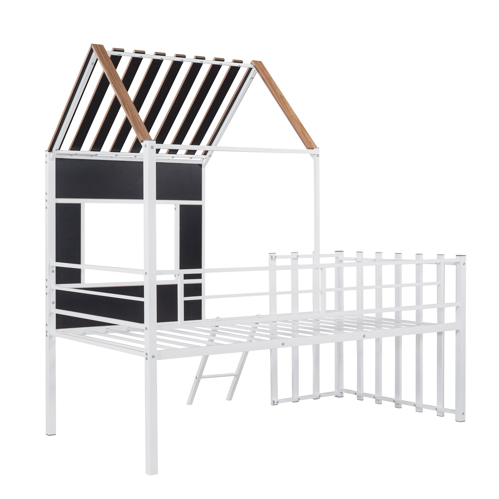 White metal twin house bed frame with woodgrain roof accents and black chalkboard panels