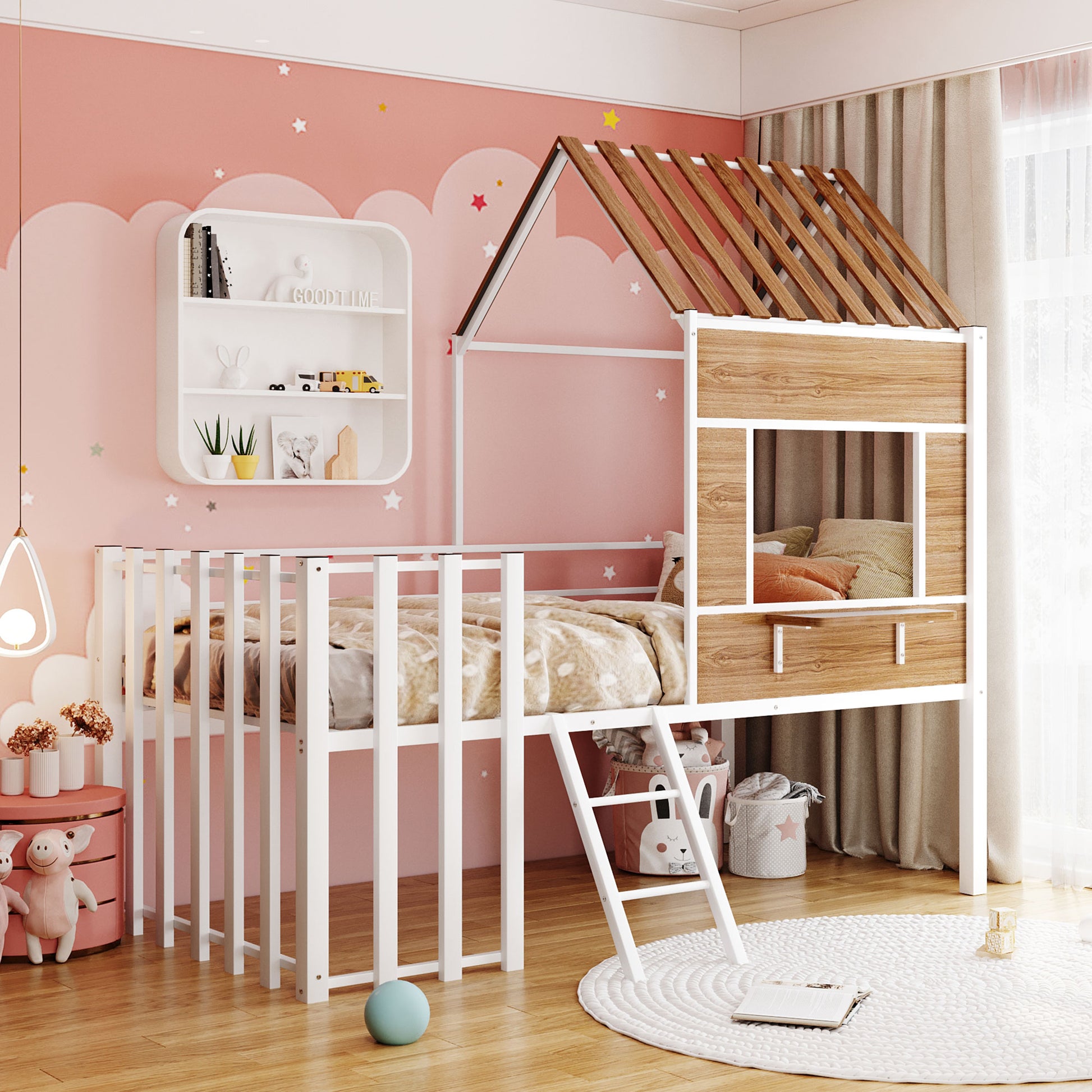 White wooden house bed frame with a ladder for kids