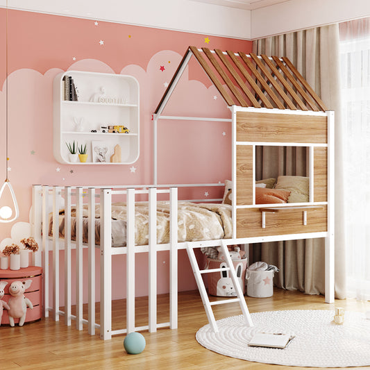 White wooden house bed frame with a ladder for kids