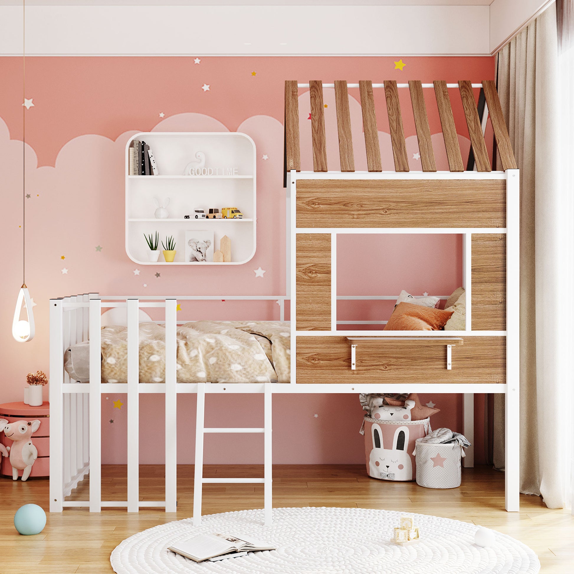 White and wood loft bed with ladder and playful accents for a childs bedroom
