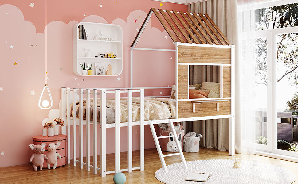 White metal loft bed with wooden houseshaped top and ladder