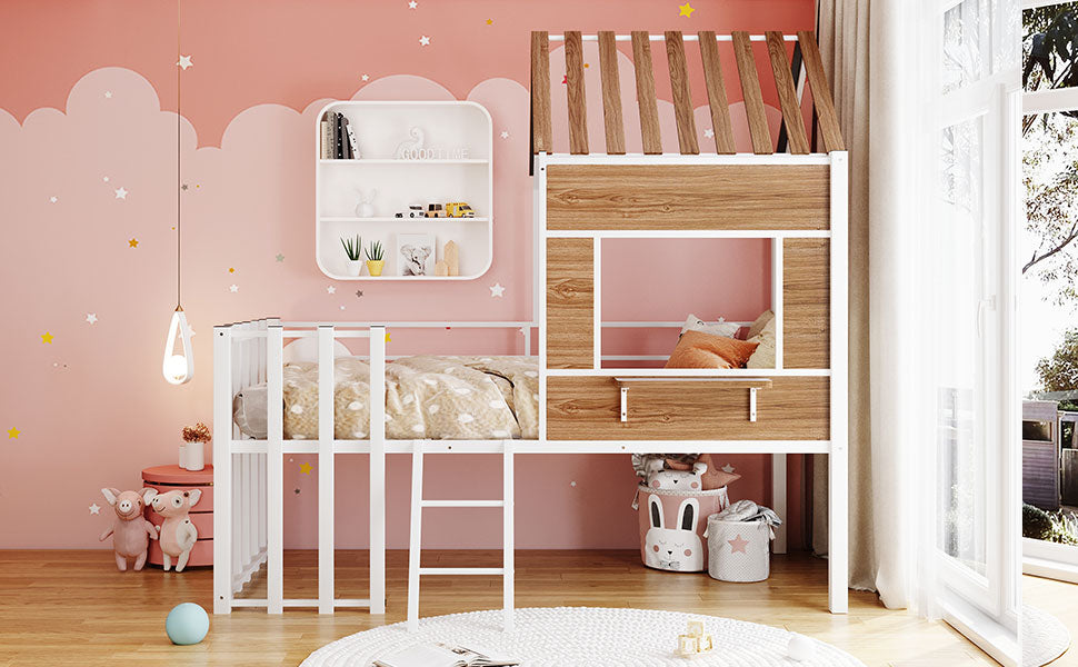 White metal loft bed with wooden accents and playful pink cloud wallpaper