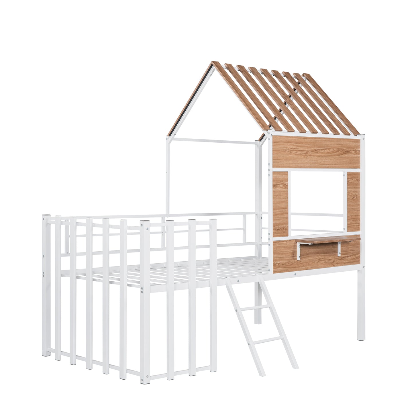 White metal loft bed with woodgrain accents and a houseshaped frame
