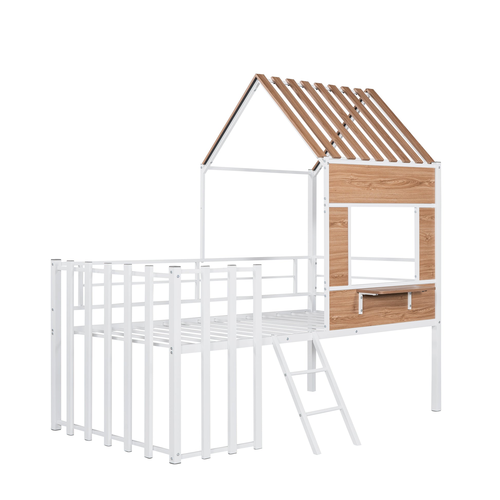 White metal loft bed with woodgrain accents and a houseshaped frame