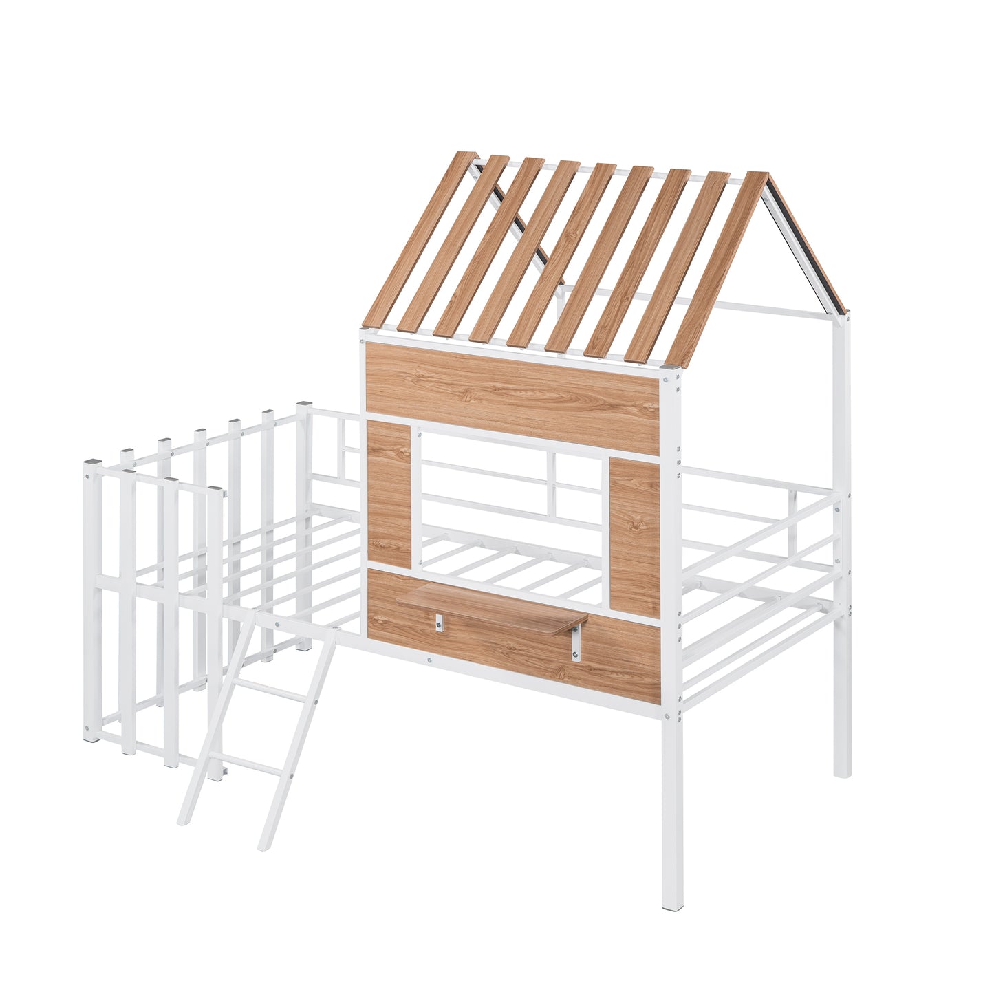 White metal house bed frame with woodgrain panels and ladder