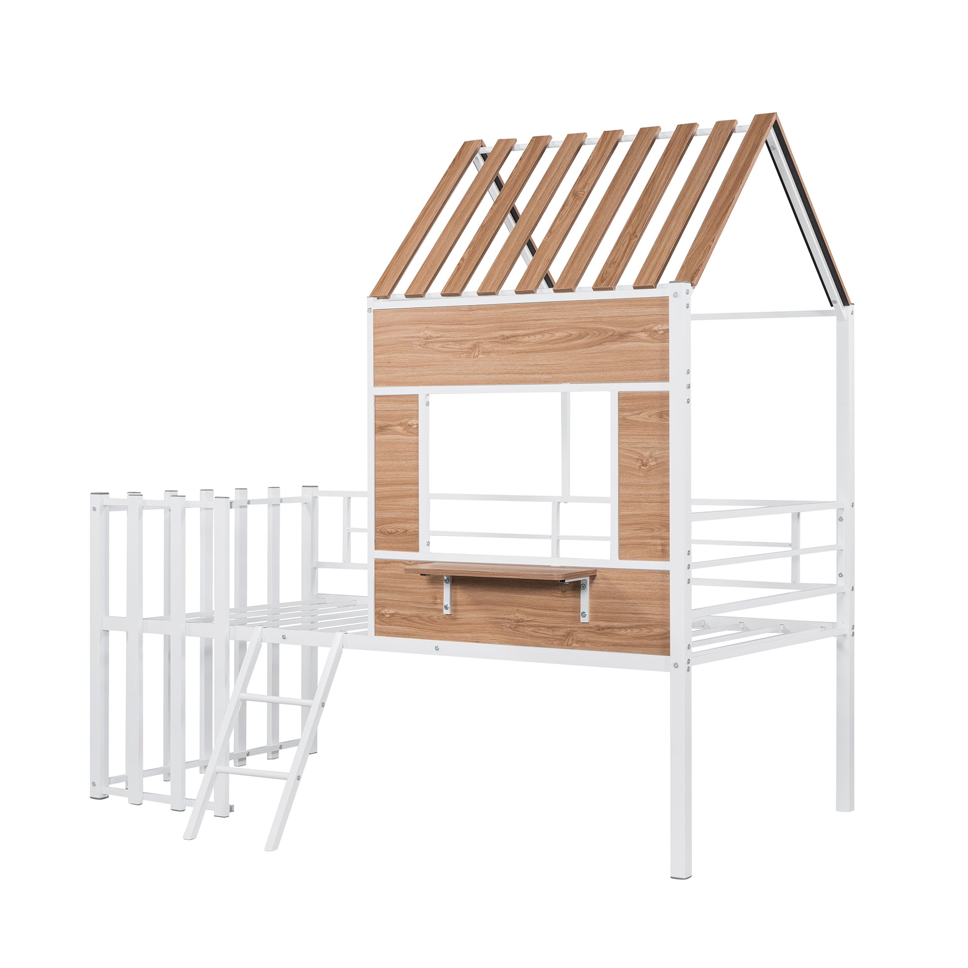 White metal loft bed with wooden accents and ladder