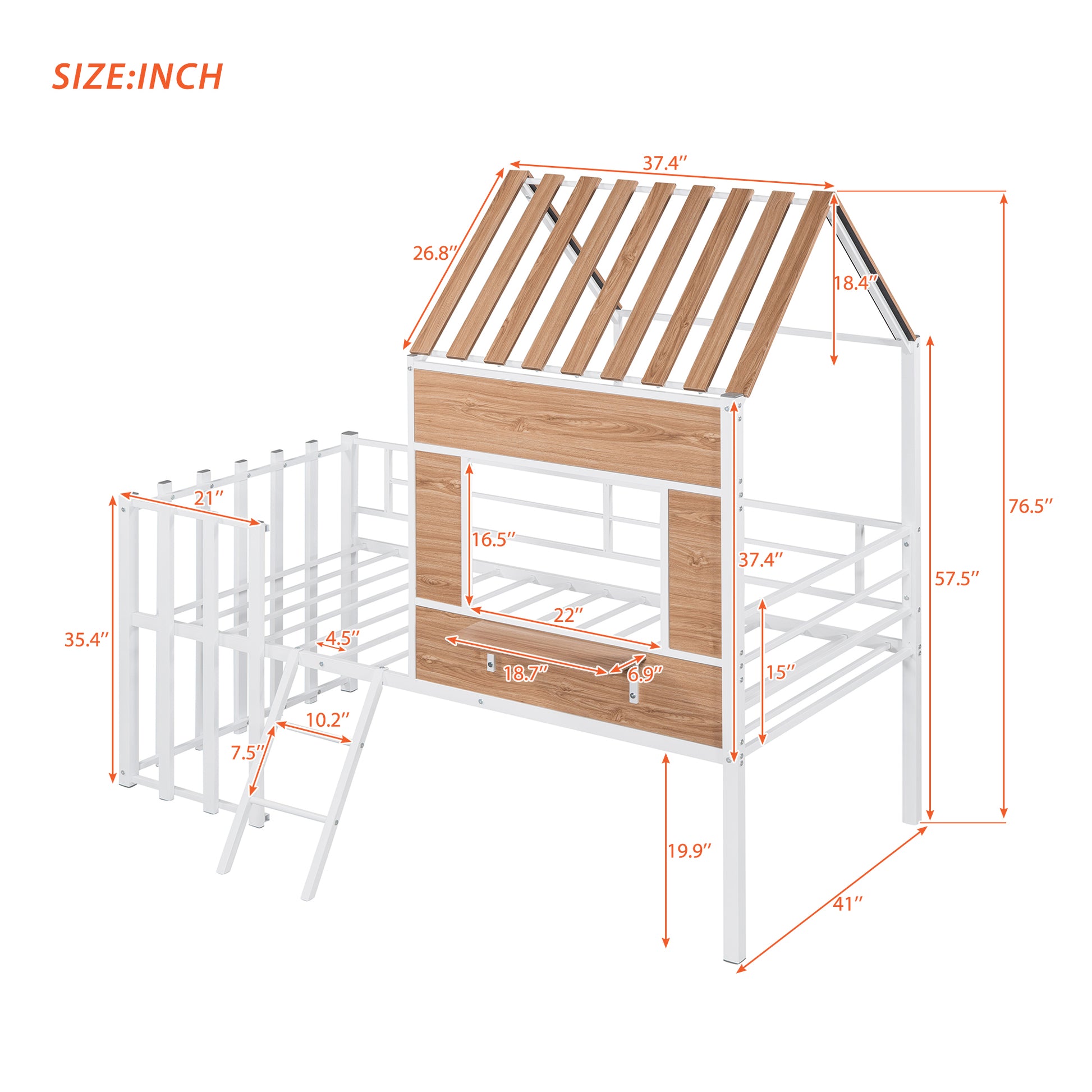 White metal twin house bed frame with wooden accents and dimension lines
