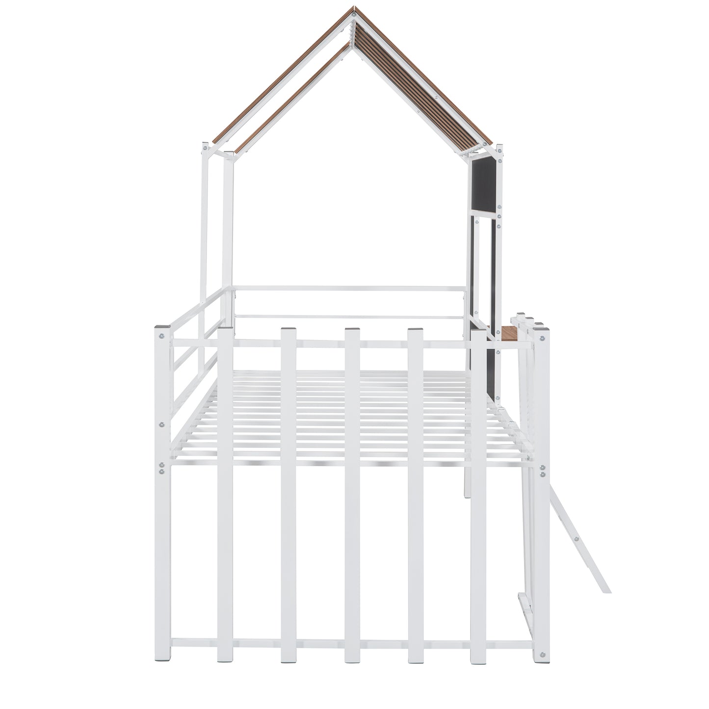 White metal twin house bed frame with woodlook roof detail