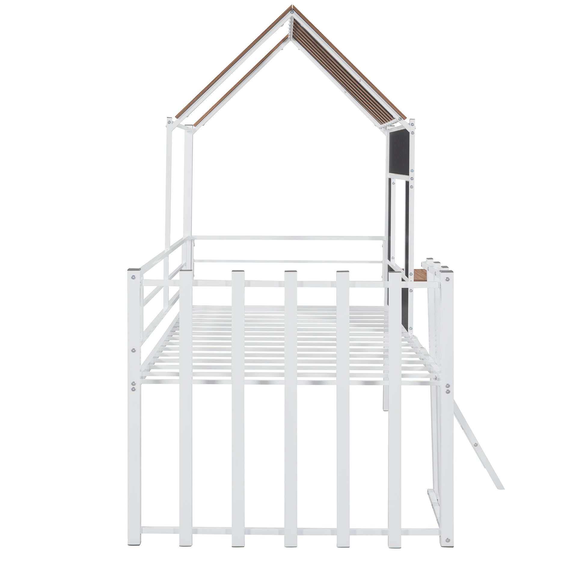 White metal twin house bed frame with woodlook roof detail