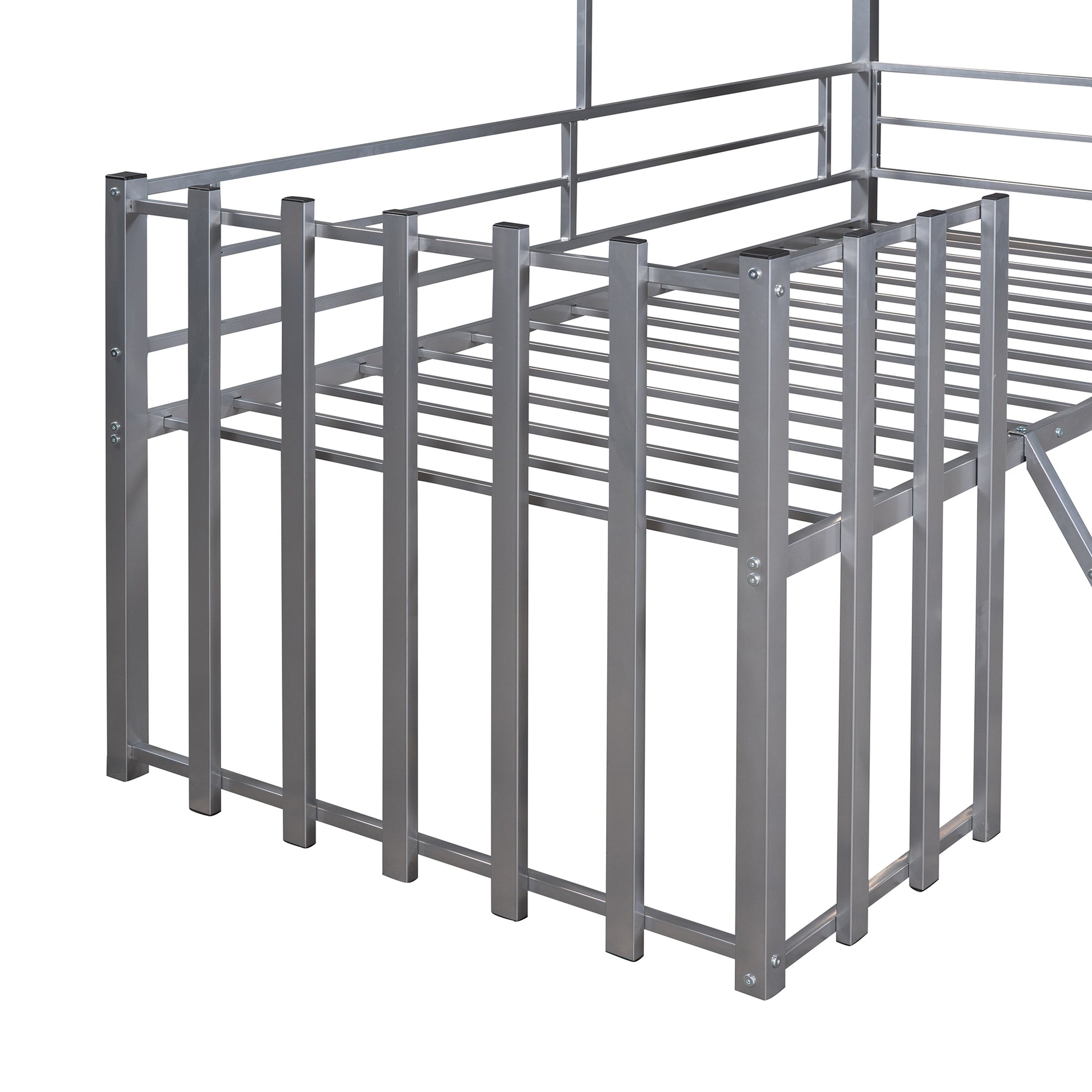Closeup of a silver metal bunk bed frame with vertical slats