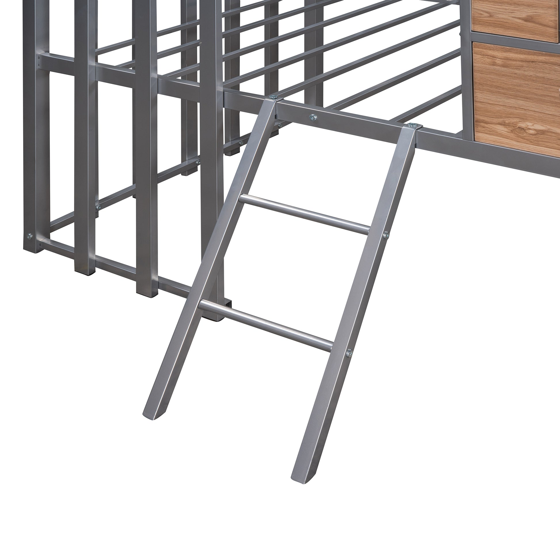 Gray metal bunk bed ladder with wooden drawer accents