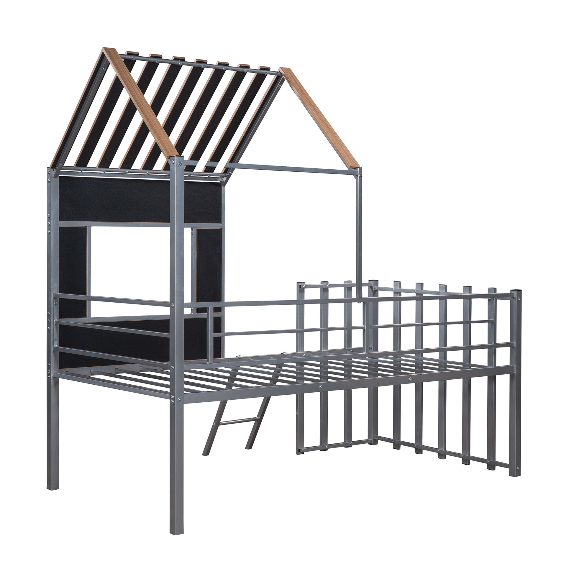 Metal house bed frame with wooden accents and black panels for kids room