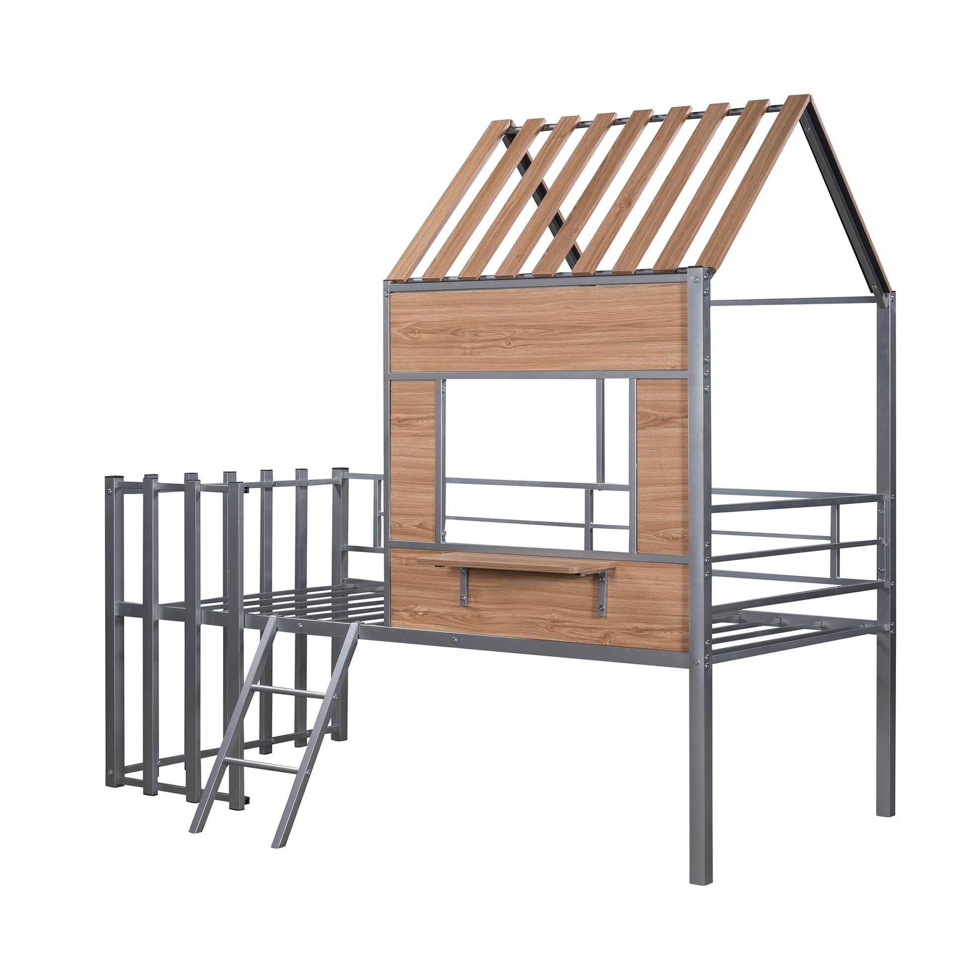 Kids house bed with wooden accents and metal frame