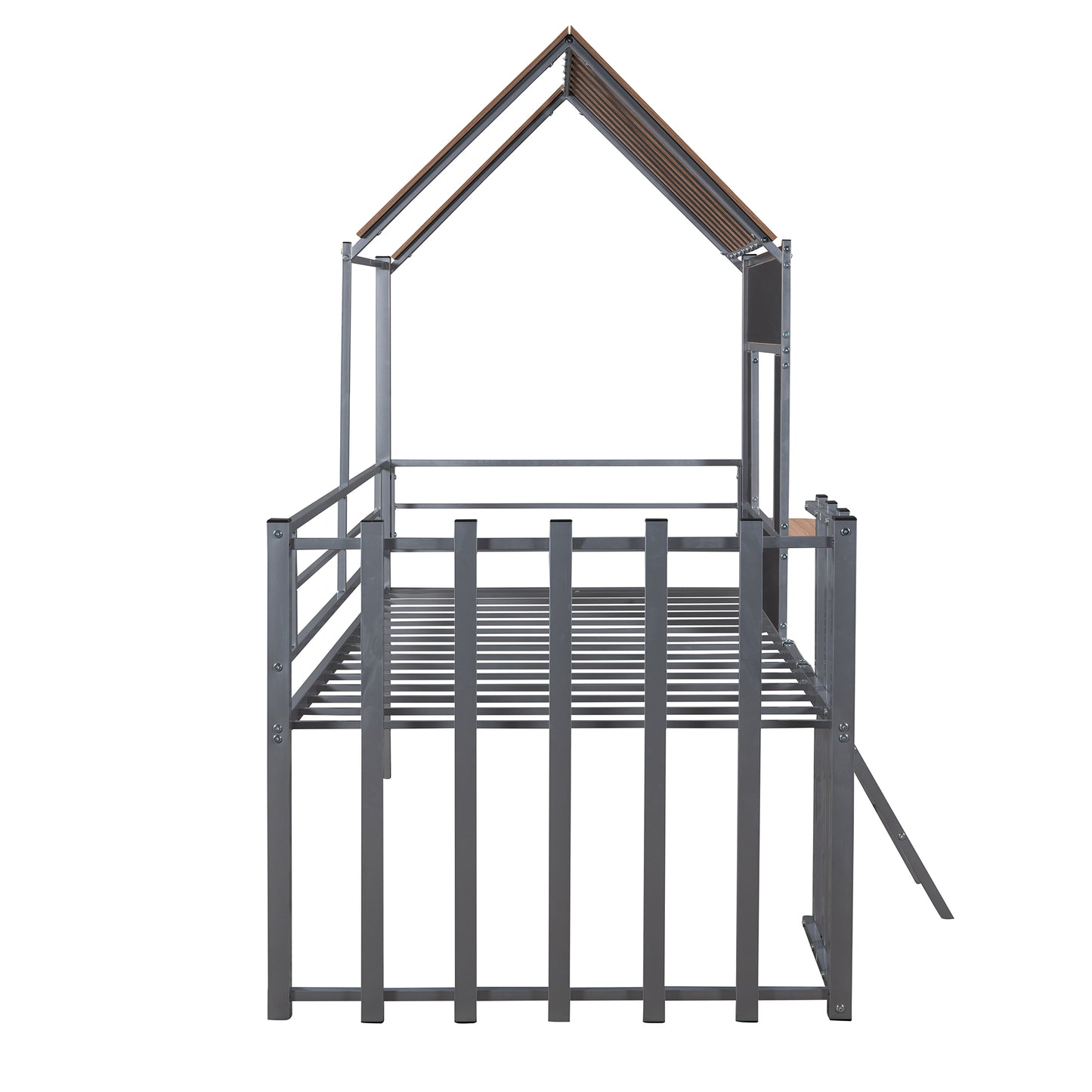 Gray metal house loft bed frame with wooden roof accents