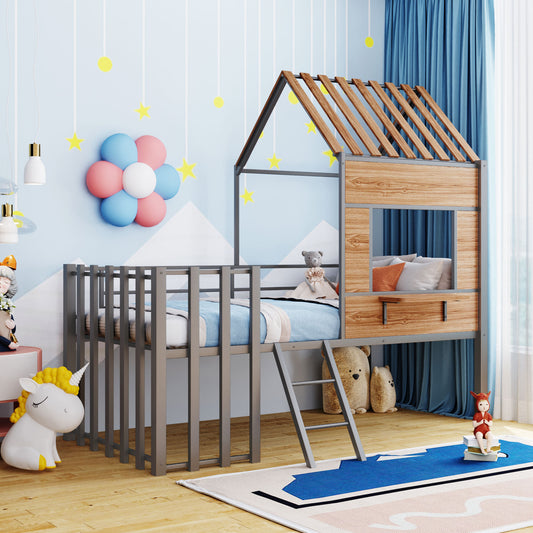 Wooden and grey metal loft bed with playful house roof design for kids
