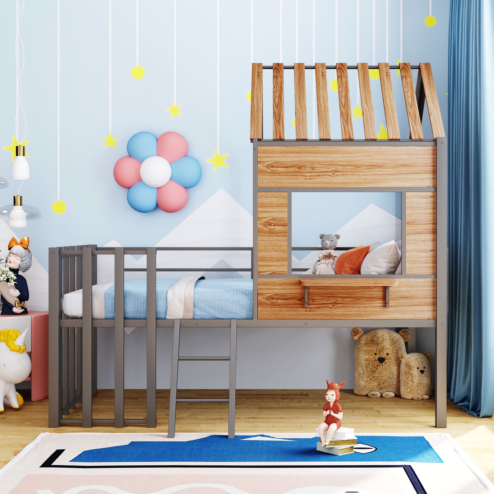 Gray metal and wood twin loft bed with ladder