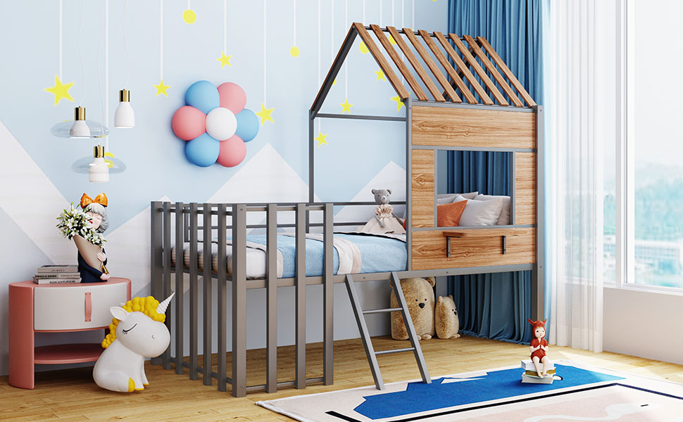 Wooden house loft bed with grey metal frame and ladder for kids rooms