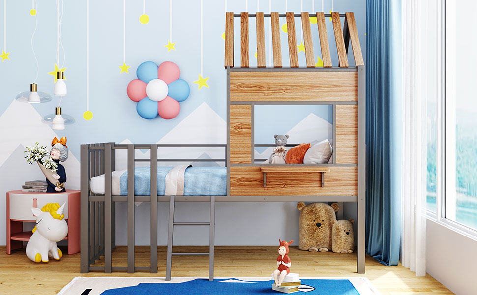 Gray metal loft bed with wood accents and blue bedding
