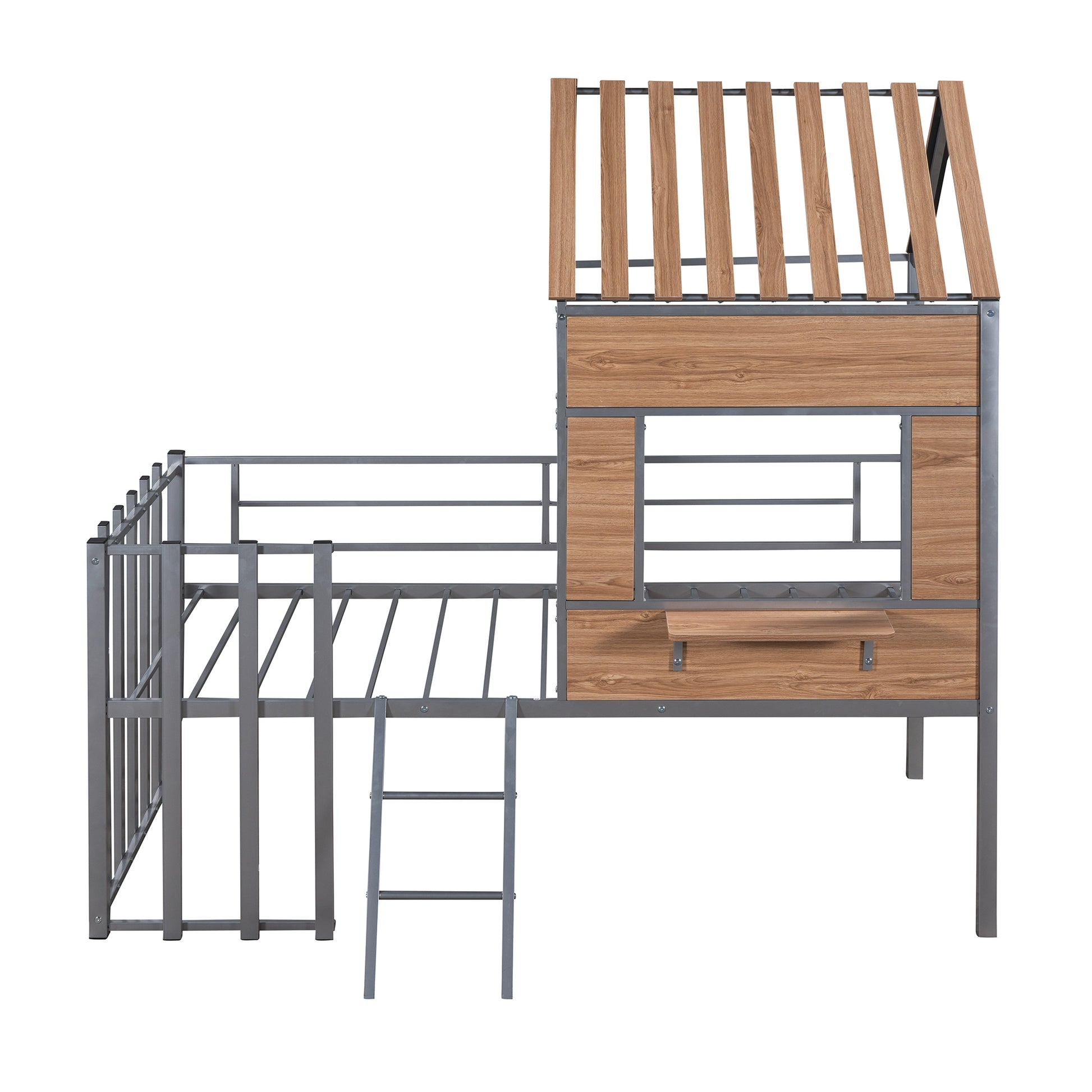 Gray metal loft bed frame with natural wood accents and a ladder