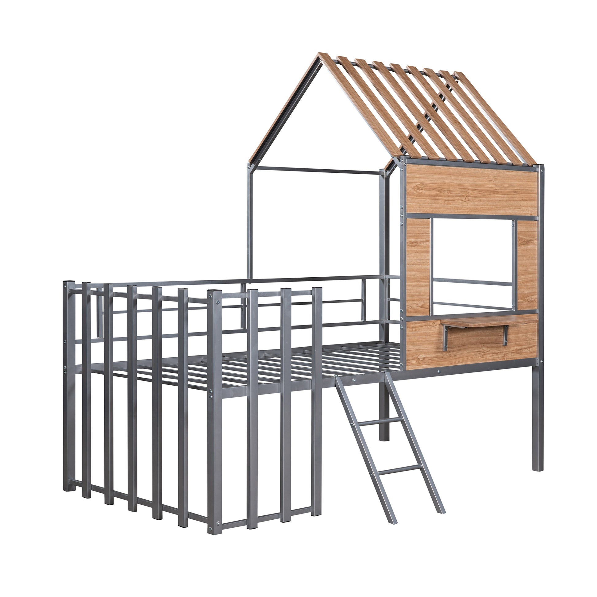 Gray metal loft bed with wood accents and ladder