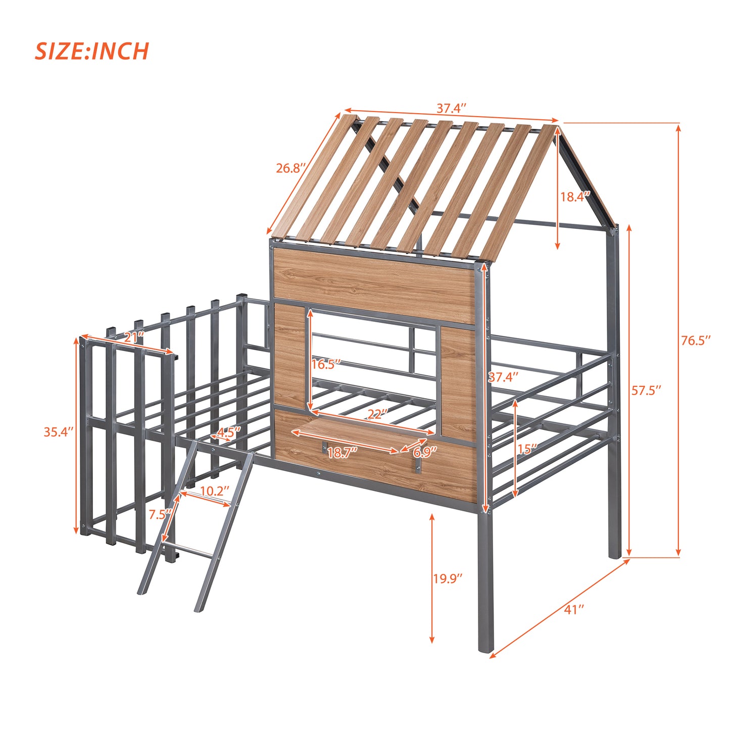 Metal twin loft bed with wood panel accents and ladder
