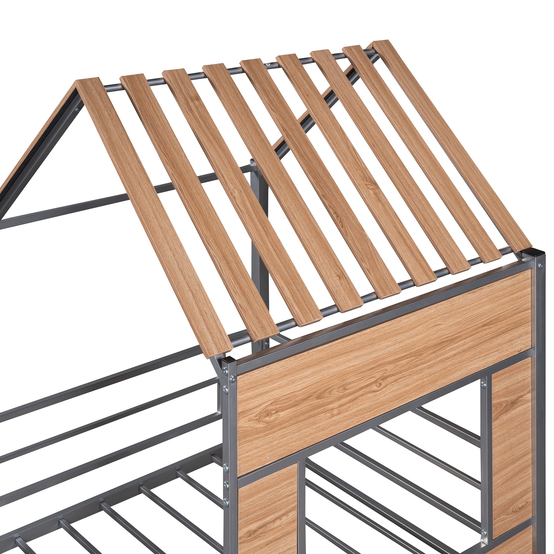 Metal frame house bed with wood grain paneling and slatted support