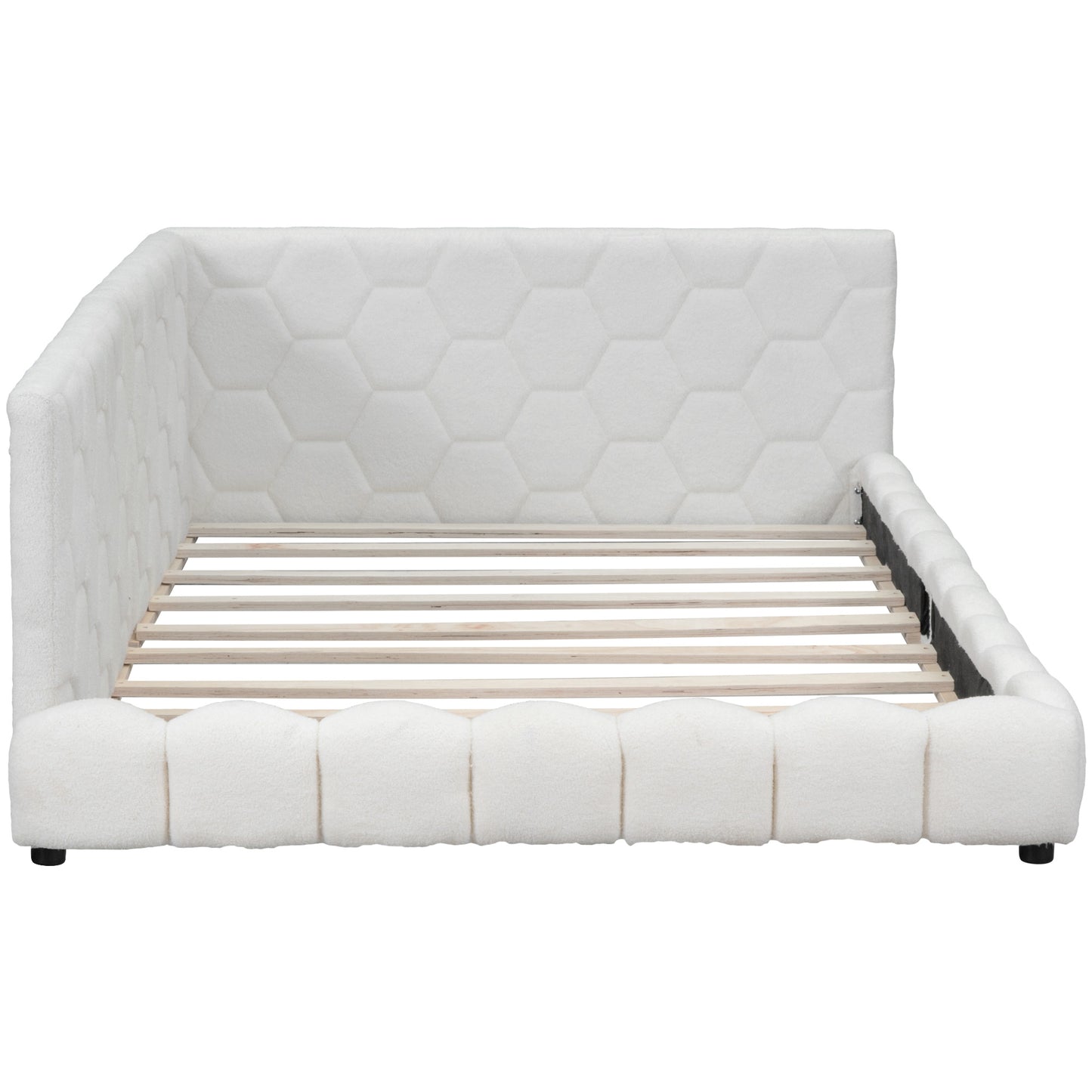 White teddy fabric bed frame with hexagonal headboard