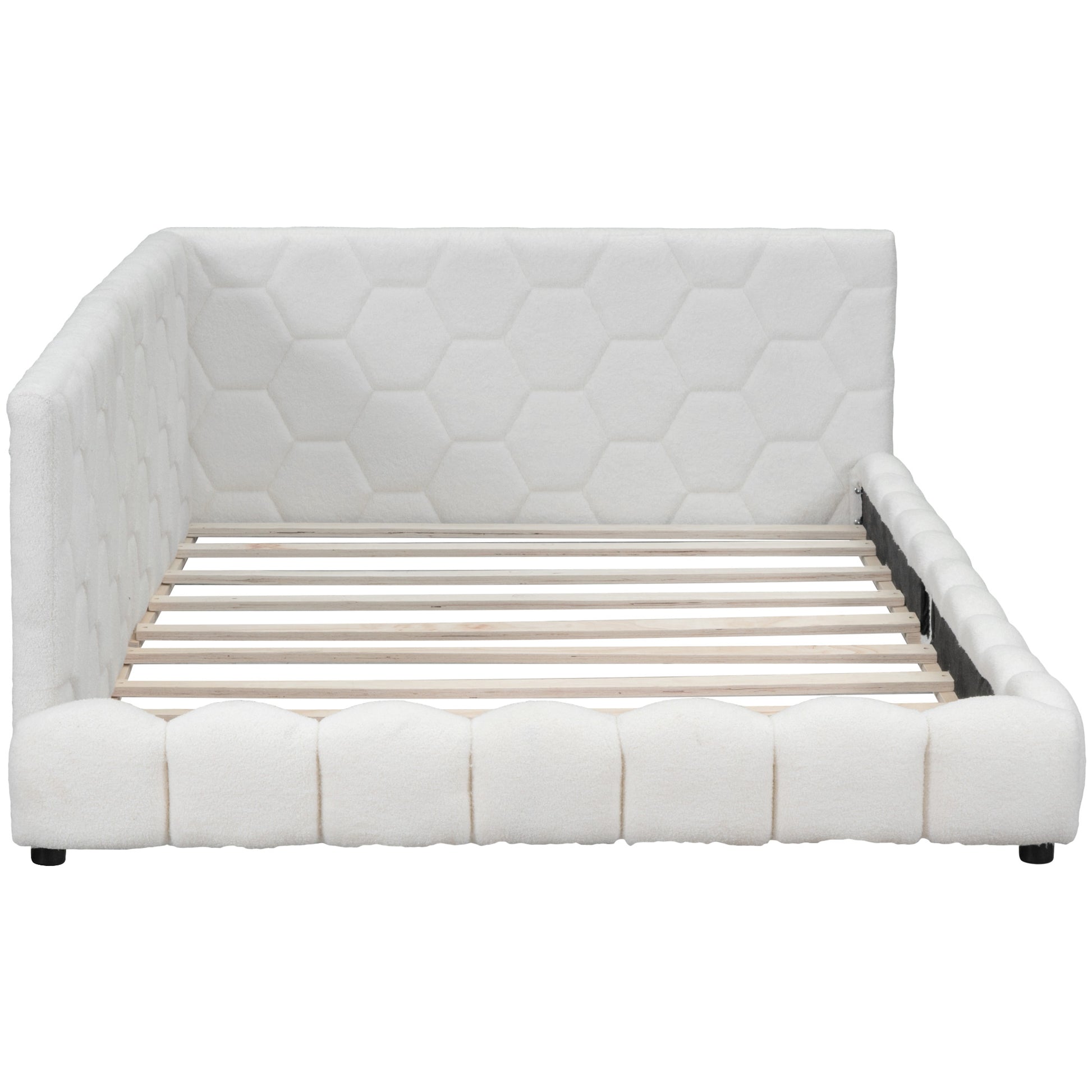 White teddy fabric bed frame with hexagonal headboard