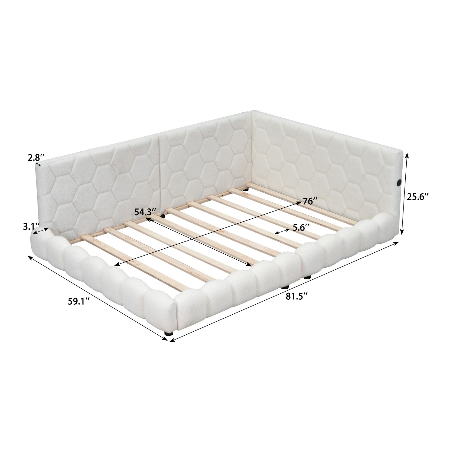 Cream boucle bed frame with honeycomb headboard and scalloped side rails