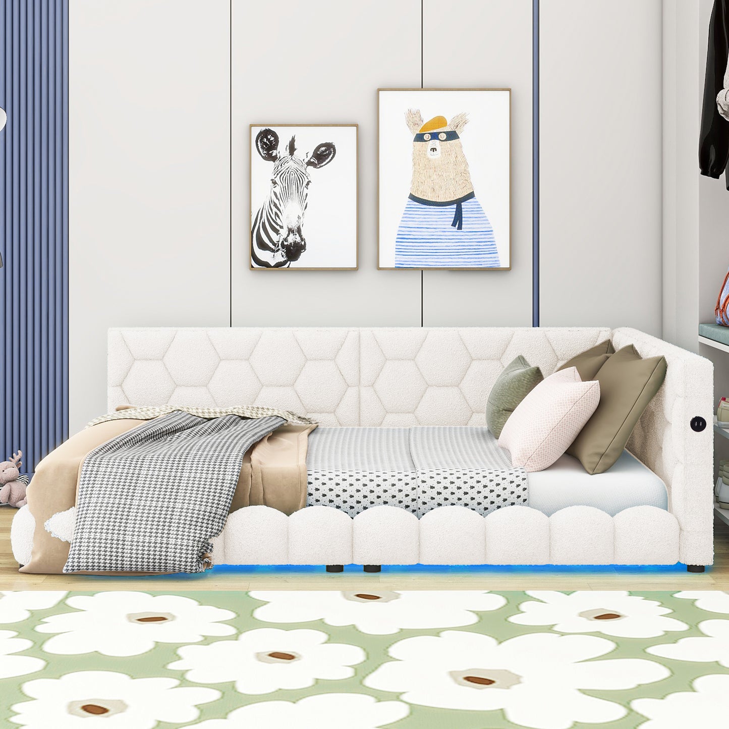Plush white twin bed with hexagonal tufting and scalloped base