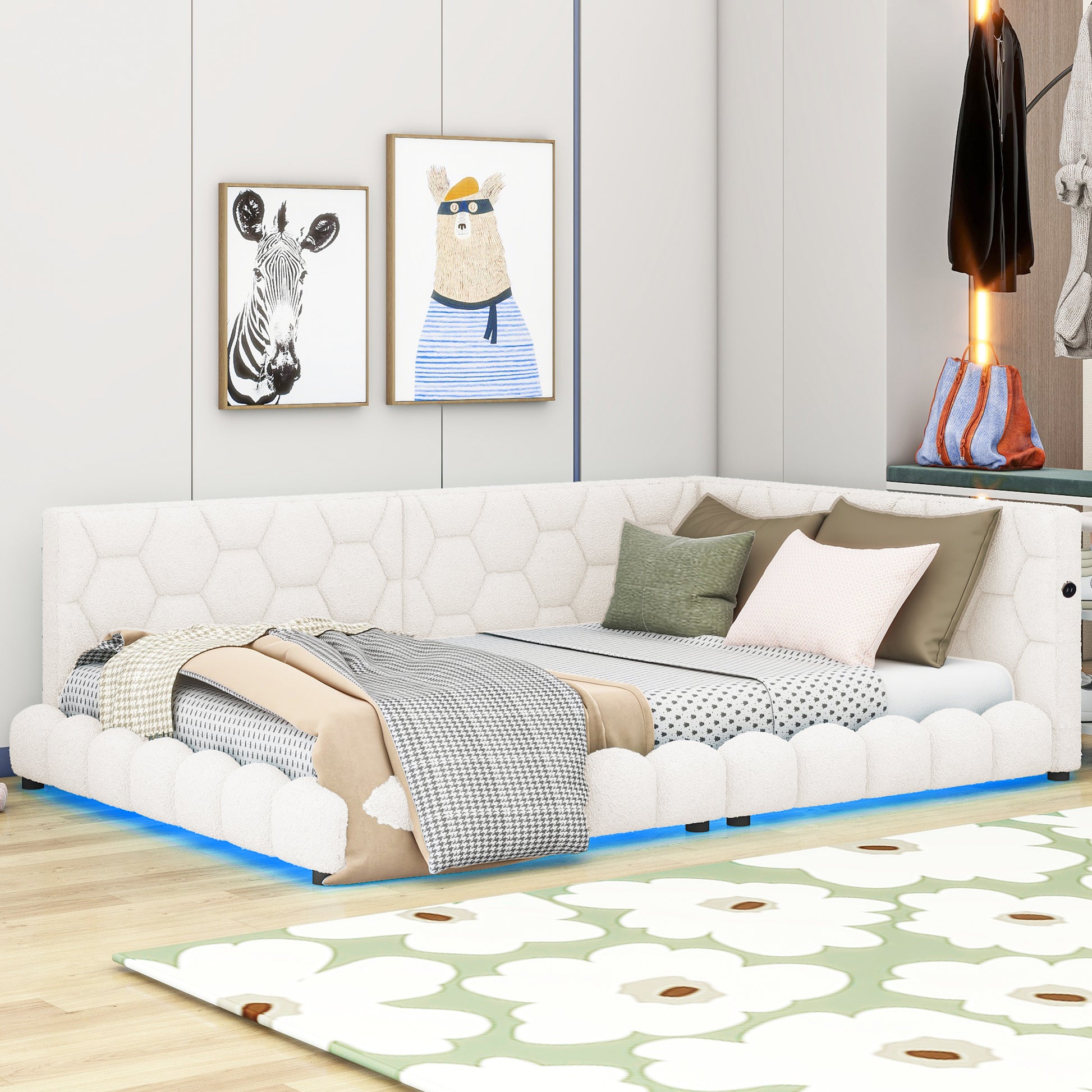 White boucle tufted bed frame with blue LED underglow