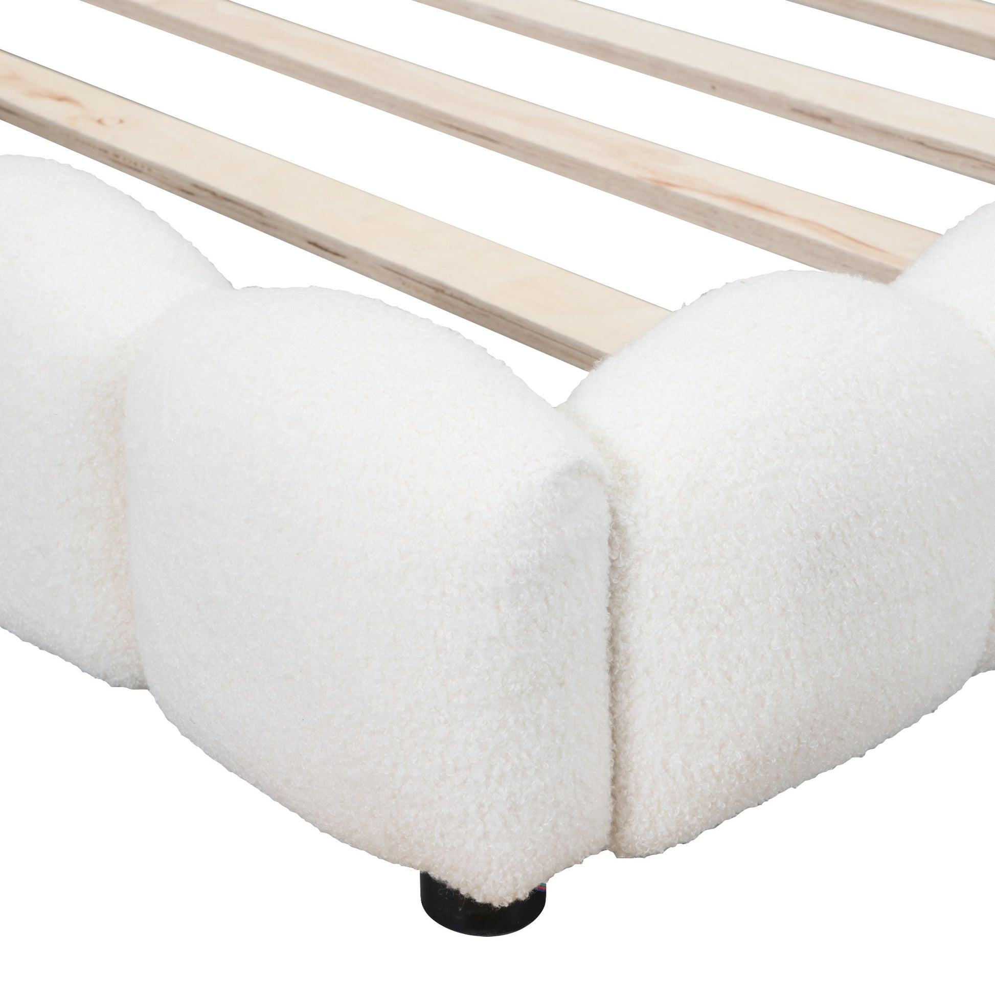 Cream sherpa upholstered bed frame with wooden slats