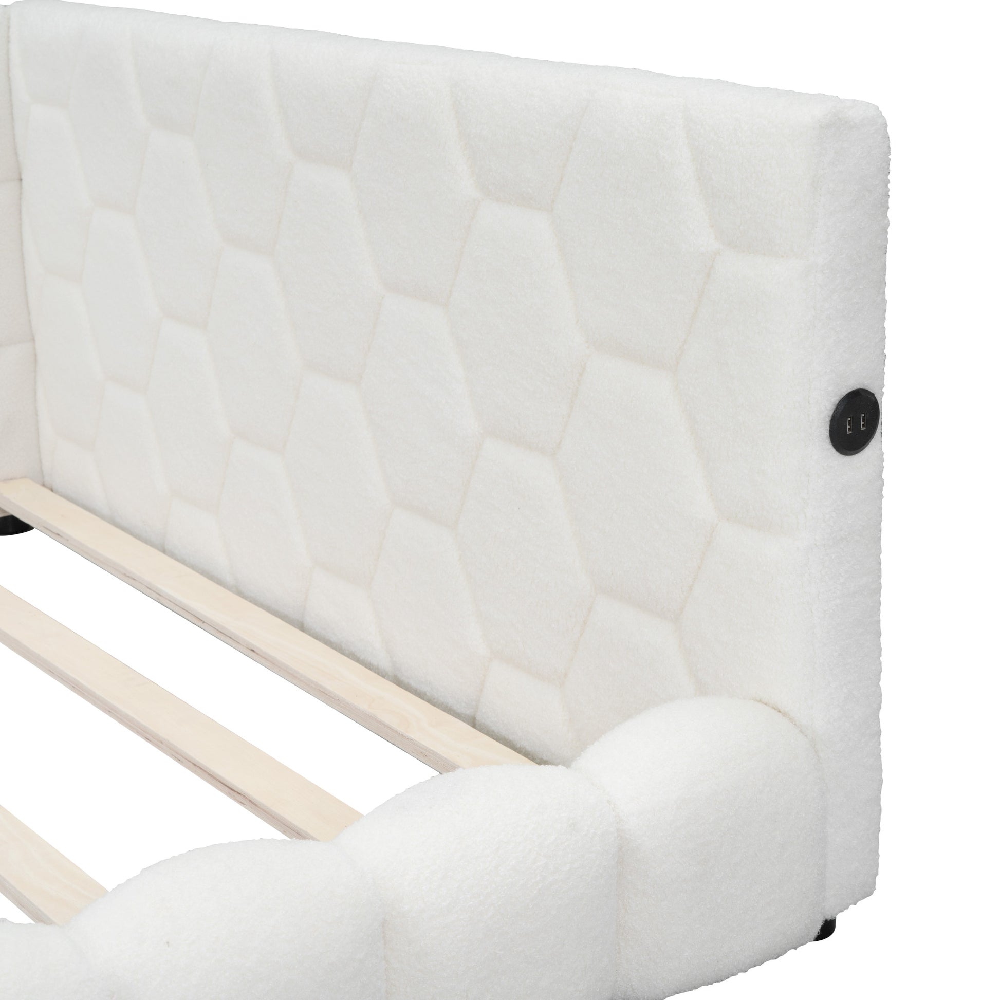 White teddy fabric bed frame with hexagonal tufting and integrated USB ports
