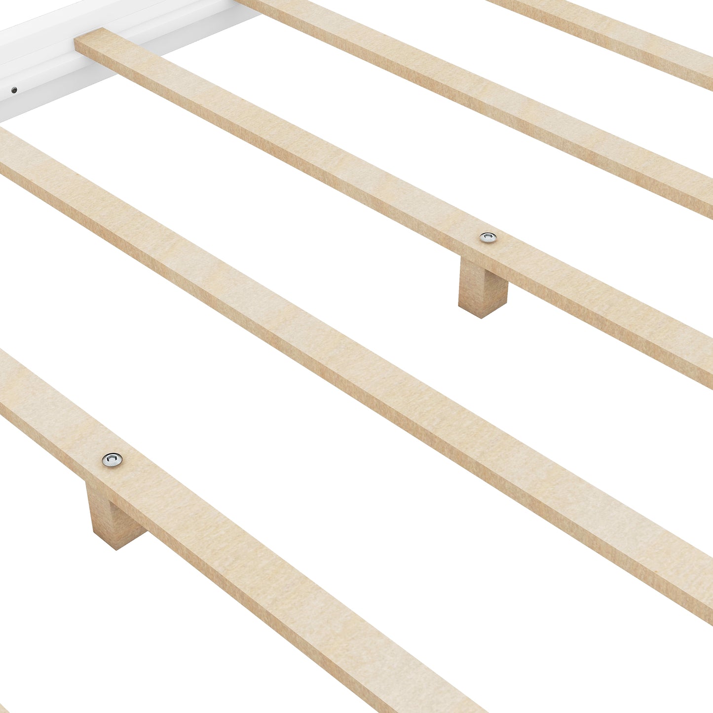 Closeup of natural wood bed slats with silver screw fasteners