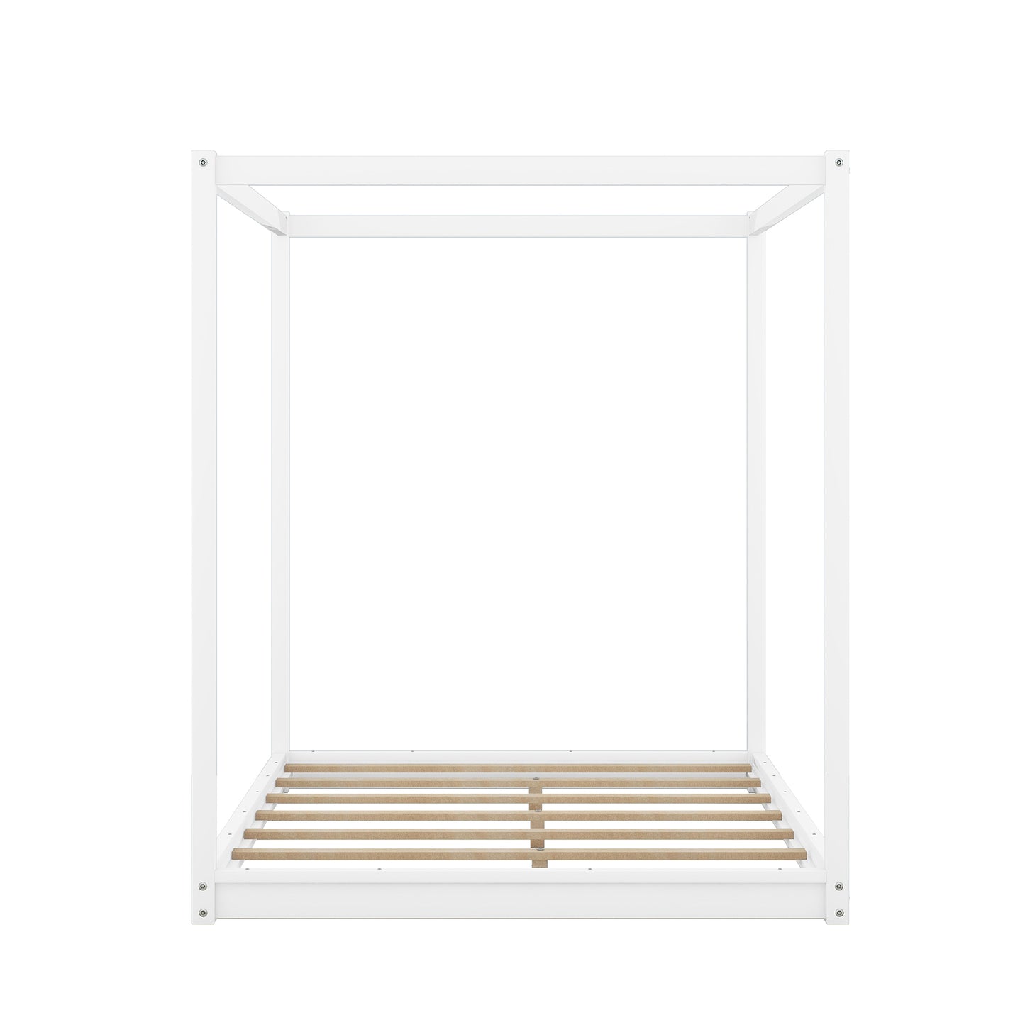 Modern white canopy bed frame with wooden slats