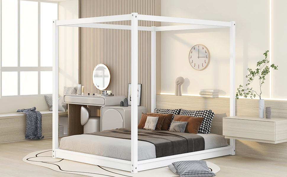 White metal canopy bed frame