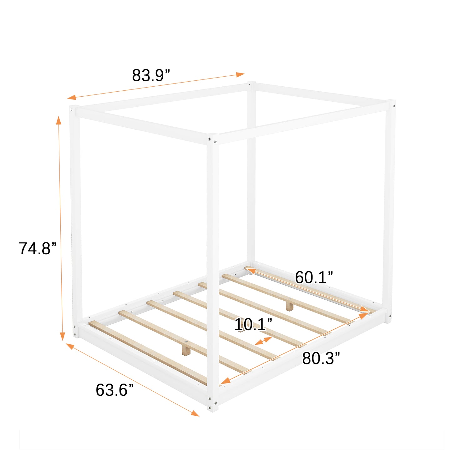White metal canopy bed frame with slatted base and dimensions