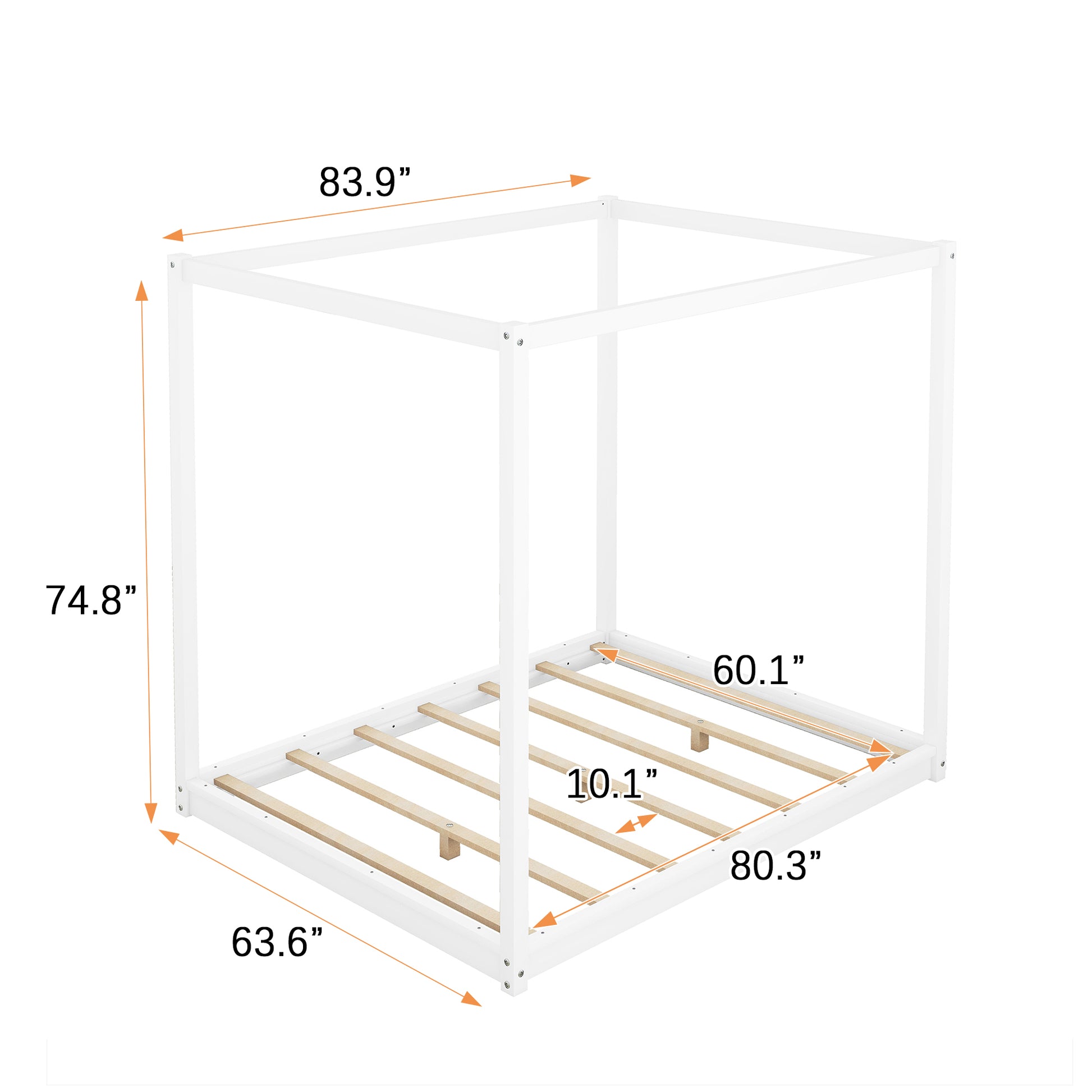 White metal canopy bed frame with slatted base and dimensions