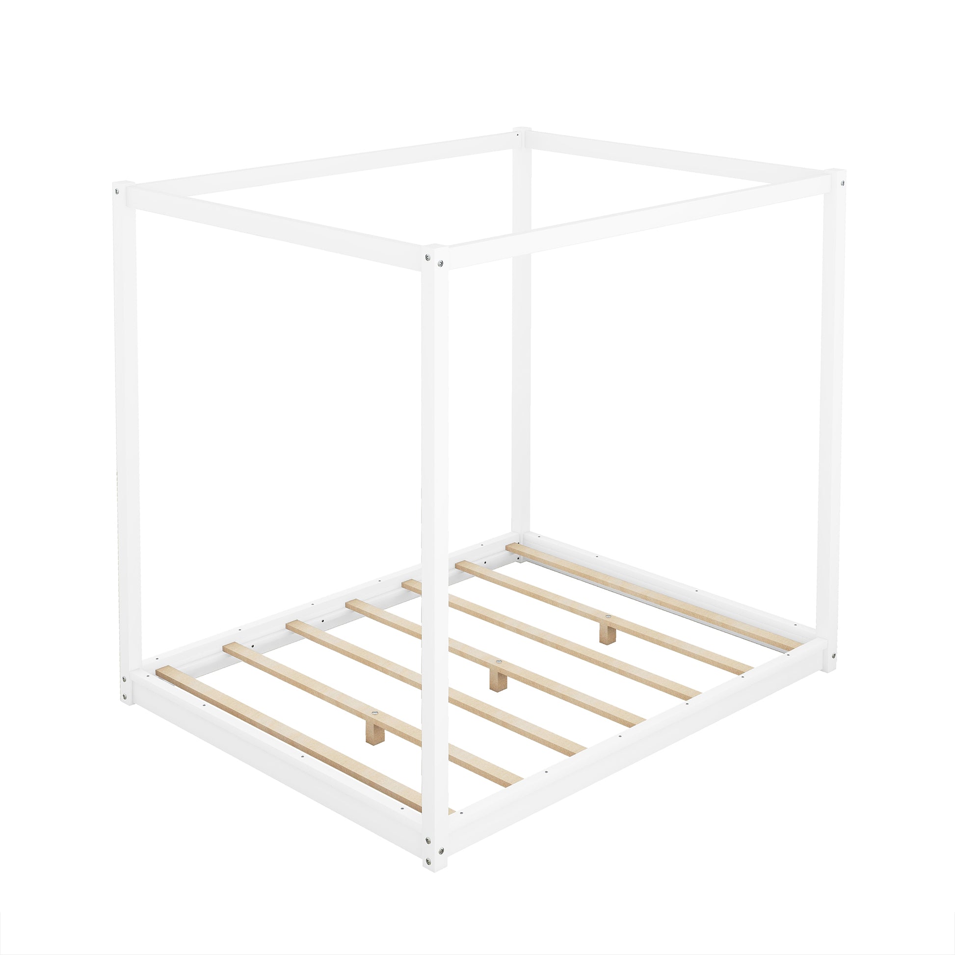 White canopy bed frame with wooden slats