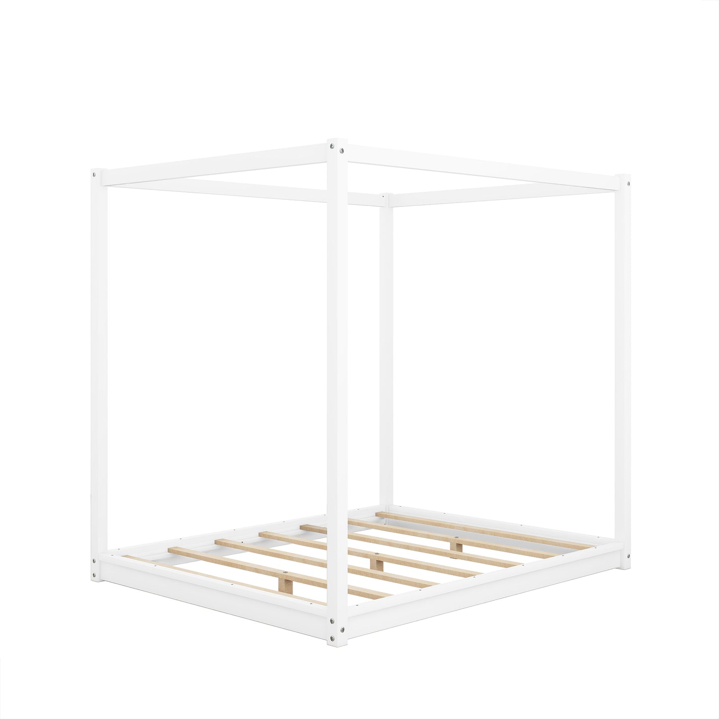 White wooden canopy bed frame with slatted base
