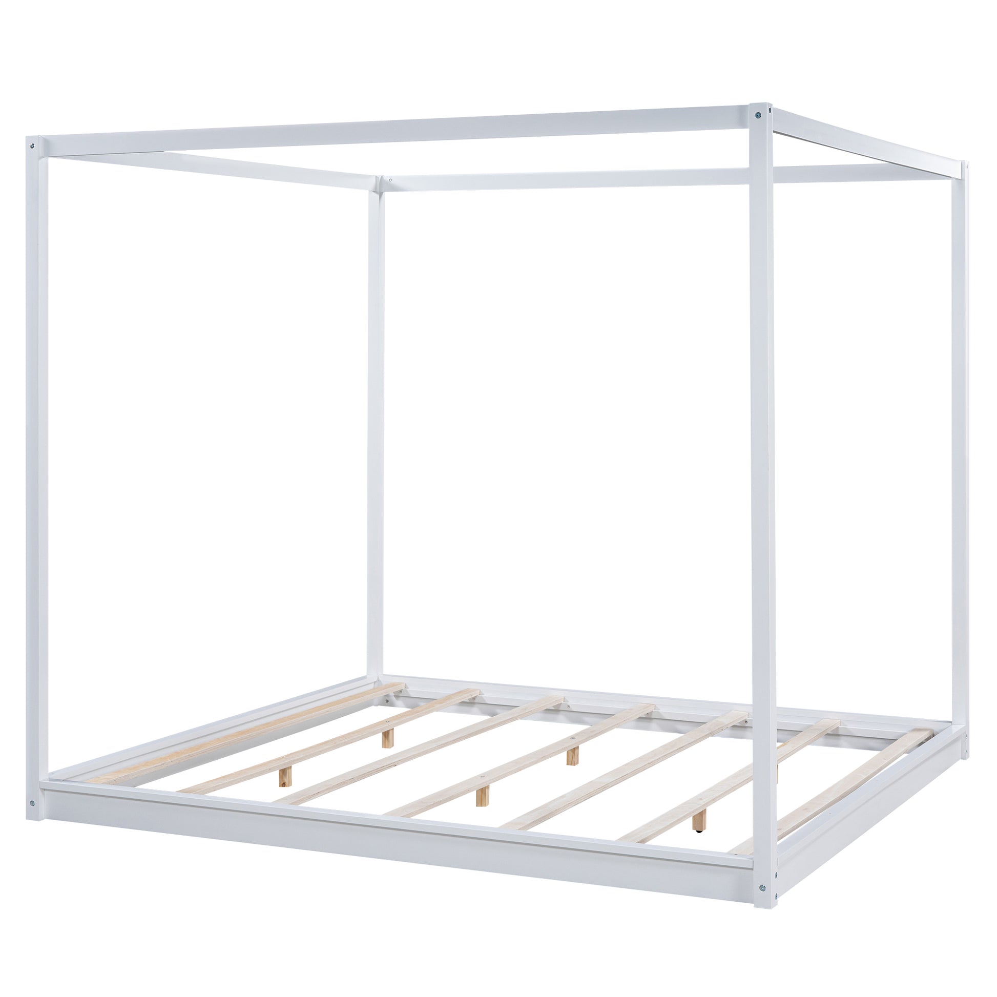 White metal canopy bed frame with wooden slats modern minimalist design