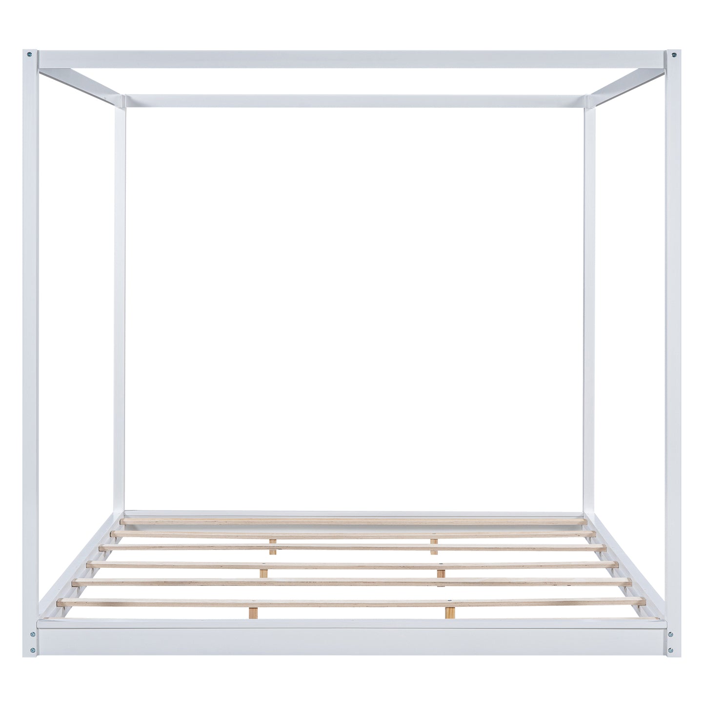 White metal canopy bed frame with wooden slats