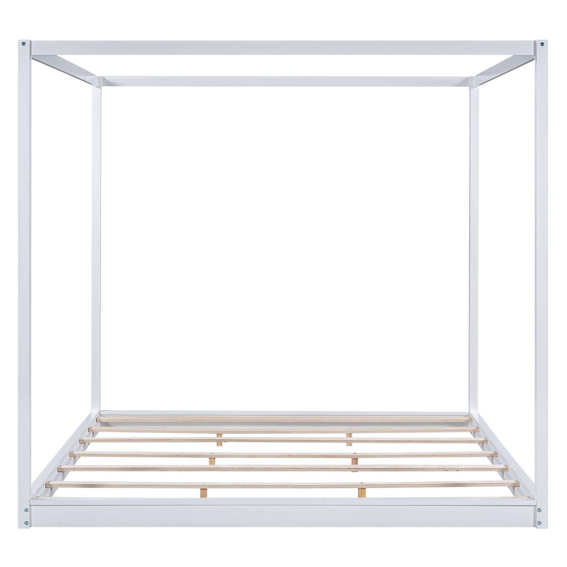 White metal canopy bed frame with wooden slats