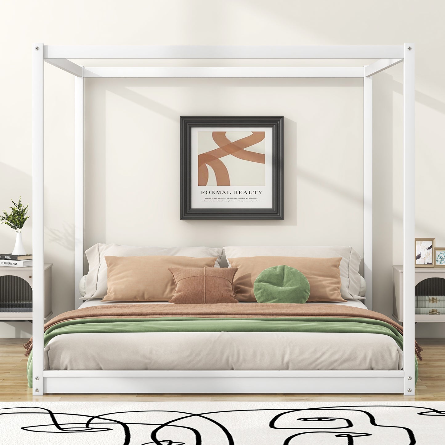 White metal canopy bed frame with minimalist design