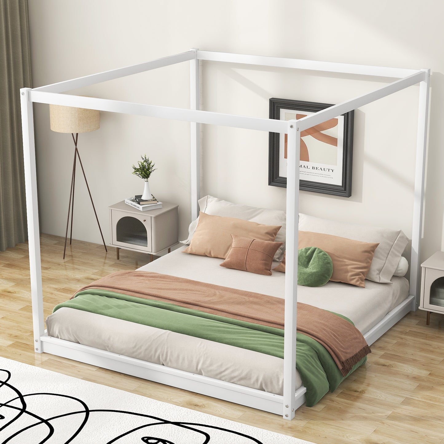 White metal canopy bed frame with a modern minimalist design queen size