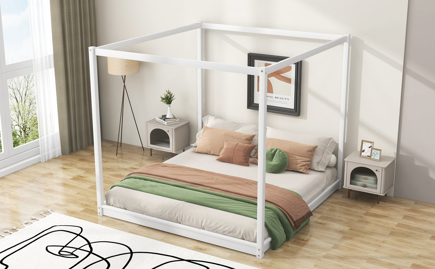 White modern canopy bed frame with beige and green bedding