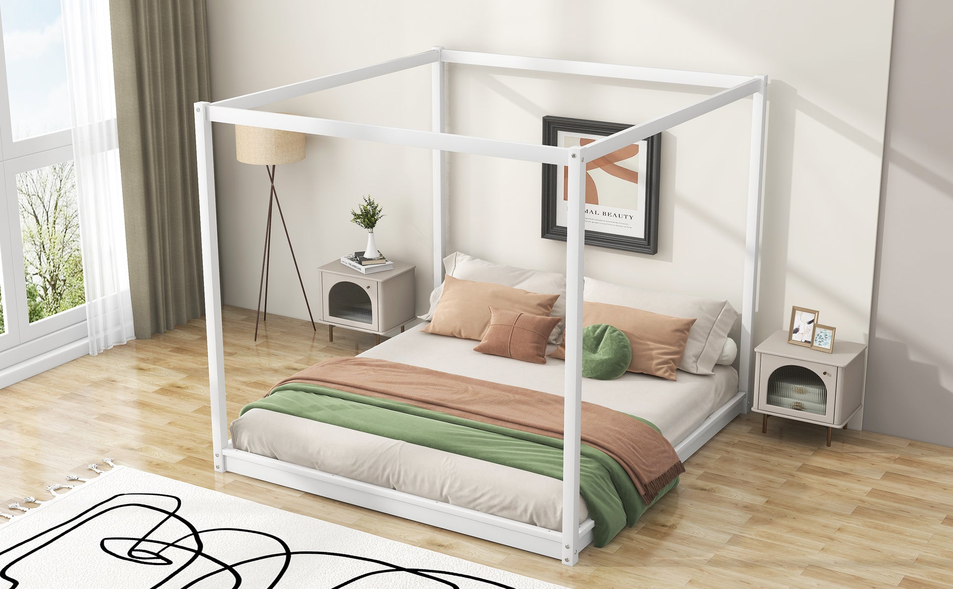 White modern canopy bed frame with beige and green bedding